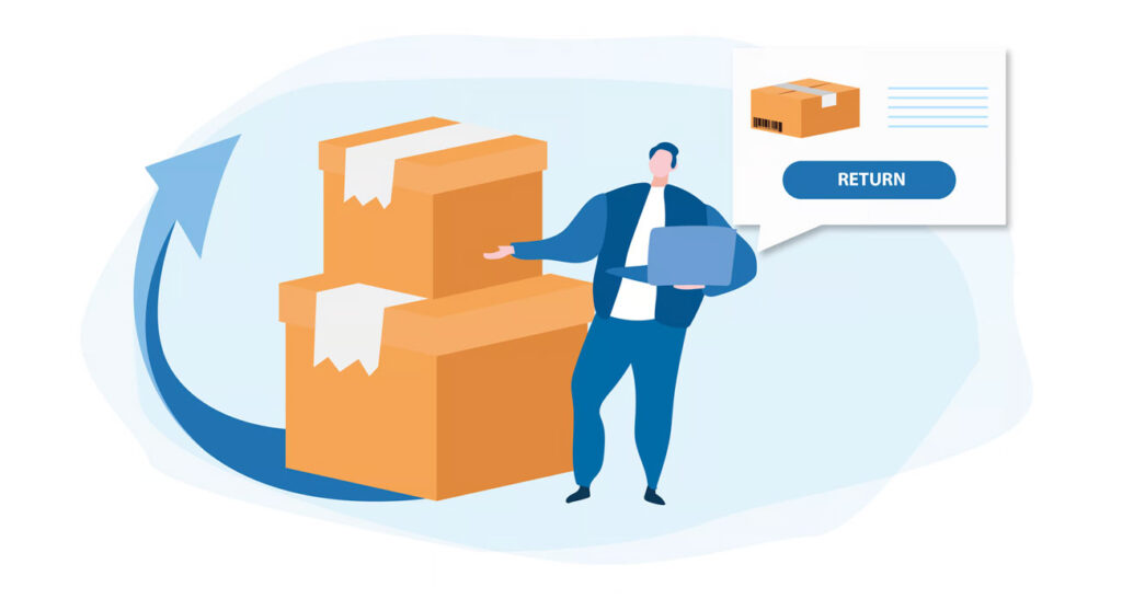 Shipping and return policy illustration showing person with package and delivery icons