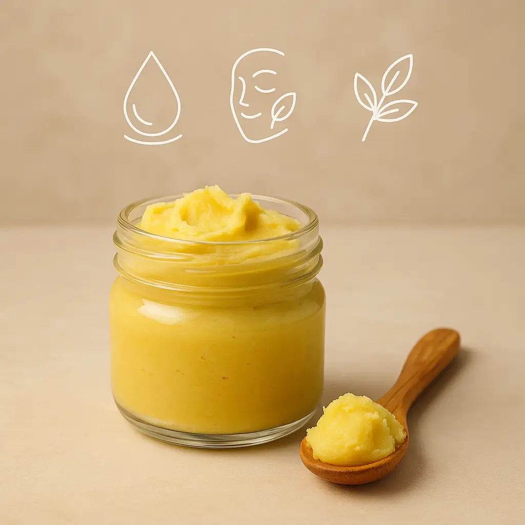 Jar of whipped yellow shea butter with wooden spoon, set on a neutral background with natural icons, representing organic skincare and hydration.