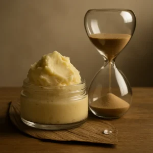 Glass jar filled with creamy raw shea butter beside a classic hourglass on a wooden table, symbolizing timeless beauty and the long-term benefits of natural skincare.