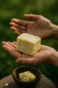 Hands gently holding a block of raw shea butter above a wooden bowl filled with more shea butter, with scattered shea nuts in the background, symbolizing natural skincare and artisanal beauty care.
