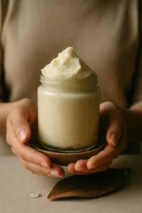 Hands holding a glass jar filled with whipped shea butter, placed on a wooden surface, symbolizing natural skincare and artisanal craftsmanship.