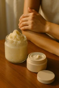 Hands crafting whipped shea butter in a glass jar with wooden spoons and small sample containers on a wooden table.