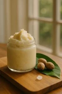 Whipped shea butter in a glass jar placed on a wooden table near a sunlit window, showcasing its creamy texture and natural skincare appeal.