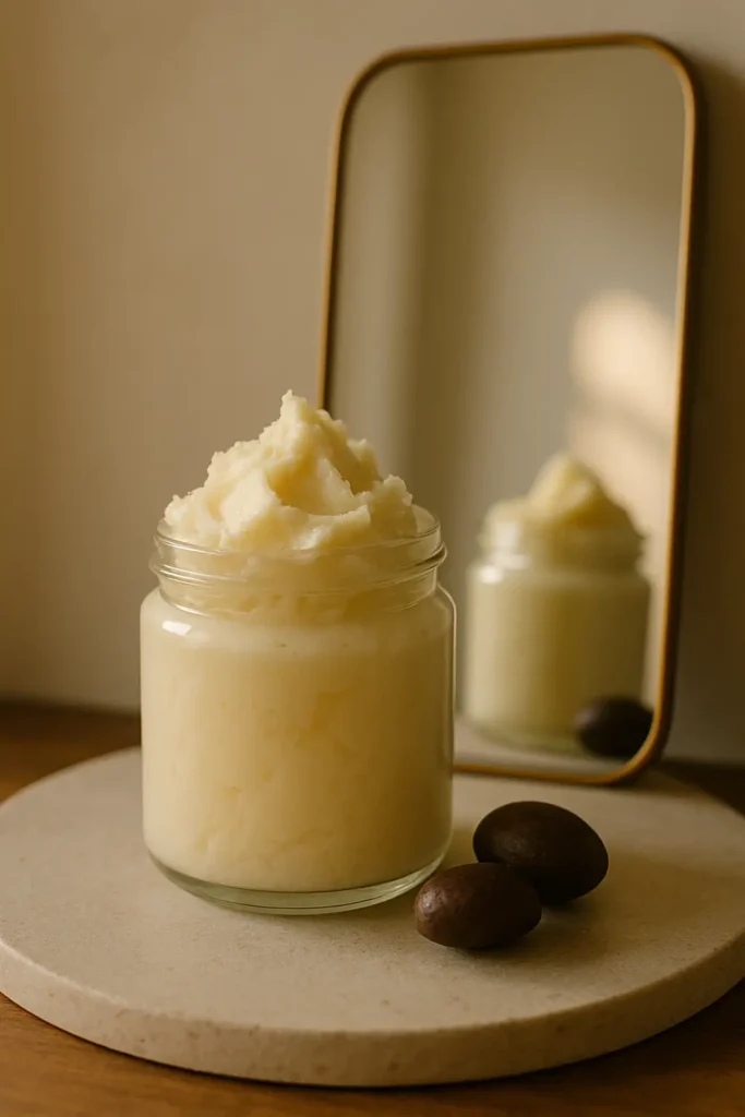 Whipped shea butter cream in a glass jar with a rustic pump dispenser, placed on a wooden table with natural lighting – perfect for nourishing skincare.