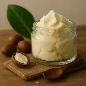 Glass jar filled with creamy whipped shea butter, surrounded by whole shea nuts and a green leaf, placed on a wooden surface for a natural skincare aesthetic.