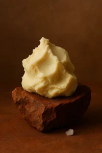Whipped shea butter placed on a rustic wooden base with natural cocoa pods, highlighting its creamy texture and organic skincare appeal.