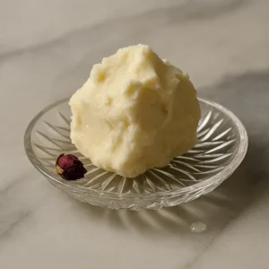 Close-up of whipped shea butter on a rustic wooden block with raw shea nuts, highlighting its creamy texture and natural skincare appeal.