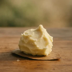 Glass jar of raw shea butter placed on a wooden surface with seasonal elements like autumn leaves and fresh shea nuts, symbolizing year-round natural skincare.