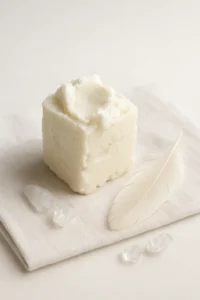 Glass jar filled with creamy shea butter placed on a wooden table with raw shea nuts, symbolizing natural skincare and self-care rituals.