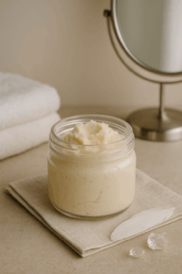 Raw shea butter in a glass jar with scattered shea nuts on a wooden table, representing natural relief and hydration for irritated skin.