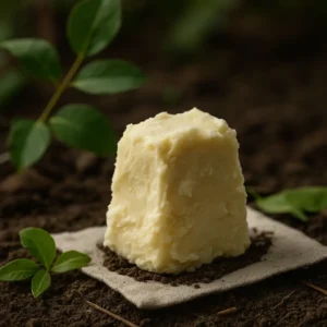 Jar of raw shea butter with natural shea nuts on a rustic wooden table, symbolizing its timeless use from ancient traditions to modern skincare.
