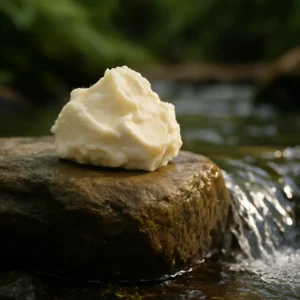 Glass jar of raw shea butter with shea nuts on a rustic wooden surface, symbolizing hydration and nourishment for aging and mature skin.