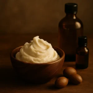 Wooden bowl filled with whipped shea butter on a rustic wooden surface, surrounded by shea nuts and amber glass bottles of natural oils, symbolizing DIY skincare and mindful self-care rituals.