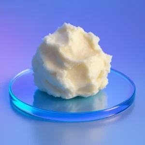 Jar of raw shea butter with natural shea nuts on a rustic wooden surface, symbolizing natural repair and hydration for the skin barrier.