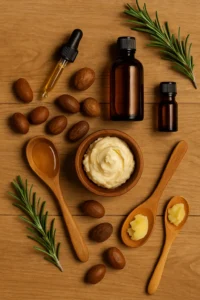 Flat lay of DIY skincare ingredients on a rustic wooden surface, featuring a wooden bowl with whipped shea butter, amber glass bottles, whole shea nuts, wooden spoons with oils and butters, and sprigs of fresh rosemary, symbolizing natural self-care rituals.