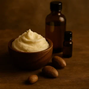 Close-up of a wooden bowl filled with whipped shea butter, surrounded by unrefined shea nuts and amber glass bottles on a rustic wooden surface, representing DIY natural skincare and mindful self-care rituals.