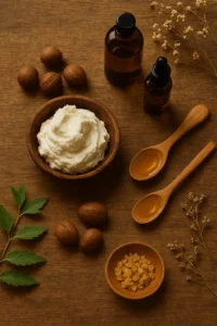 Flat lay of DIY natural skincare ingredients on a rustic wooden surface, featuring a wooden bowl of whipped shea butter, amber oil bottles, whole shea nuts, wooden spoons with oils, and dried flowers, symbolizing mindful self-care and homemade beauty rituals