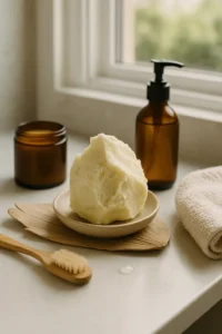 Raw shea butter on a wooden board beside glass jars of shea oil, displayed on a light wooden surface with soft daylight, highlighting natural and artisanal skincare ingredients.