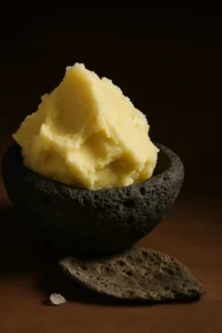 Close-up of raw shea butter in a dark volcanic stone bowl with a rustic wooden spoon, symbolizing natural skincare and organic beauty traditions.
