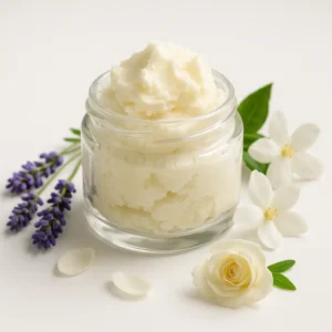 Jar of raw shea butter with natural shea nuts placed on a rustic wooden table, symbolizing deep hydration and healing for dry hands and cracked feet.