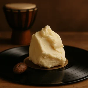 Glass jar of raw shea butter with natural shea nuts on a rustic wooden surface, symbolizing its role in supporting the skin microbiome and barrier health naturally.