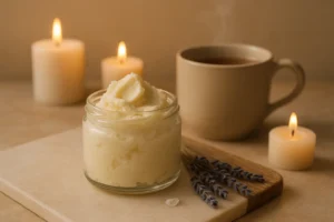 Glass jar of raw shea butter with natural shea nuts on a rustic wooden surface, symbolizing its calming and healing benefits for stress-affected skin.