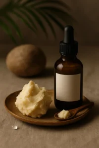 "Glass jar of raw shea butter with natural shea nuts on a rustic wooden surface, symbolizing its role in self-care rituals that nourish skin and promote mindfulness.