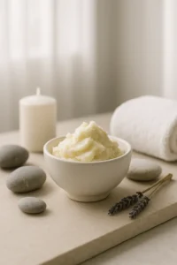 Jar of shea butter with natural elements on a wooden surface, symbolizing the teachings of Oddun Ifá Iwori Lobe about respect, prevention, and spiritual protection.