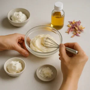 Close-up of natural skincare ingredients like shea butter, cocoa butter, and mango butter arranged on a rustic wooden surface, symbolizing DIY skincare as a radical act of self-care and sustainability.