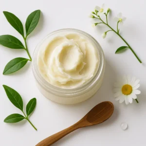 Rustic close-up of shea butter in a wooden bowl with natural elements, symbolizing the cultural tradition and modern skincare benefits of shea butter.