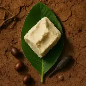 Shea butter and natural skincare elements on a rustic surface, symbolizing patience and consistency as the foundation for long-term glowing skin