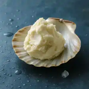 Jar of raw shea butter with natural elements on a rustic wooden surface, symbolizing skincare as a promise to the future self through hydration and long-term protection.