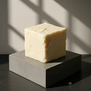 Natural shea butter and skincare ingredients displayed on a rustic wooden surface, symbolizing the Slow Beauty Movement’s focus on patience, balance, and mindful rituals.