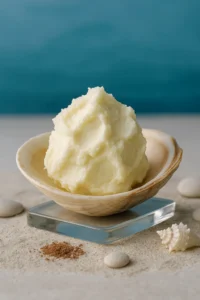 Glass jar of raw shea butter with natural shea nuts on a rustic wooden table, symbolizing the science behind its vitamins, fatty acids, and antioxidants for healthy skin.