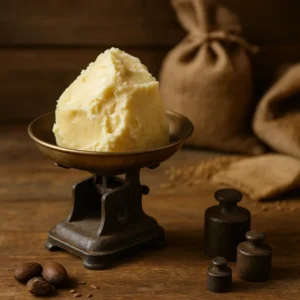 Glass jar of raw shea butter with natural shea nuts on a rustic wooden surface, symbolizing minimalist skincare with one simple, all-purpose product.