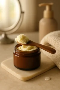 Glass jar of shea butter on a soft linen surface surrounded by natural skincare ingredients, symbolizing mindfulness, calm, and the healing power of slowing down in beauty rituals.