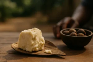Glass jar of shea butter on a soft linen surface surrounded by natural skincare ingredients, symbolizing mindfulness, calm, and the healing power of slowing down in beauty rituals.