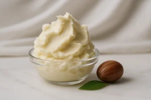 Jar of natural shea butter on a wooden surface surrounded by skincare elements, symbolizing self-confidence, natural glow, and daily skin nourishment.