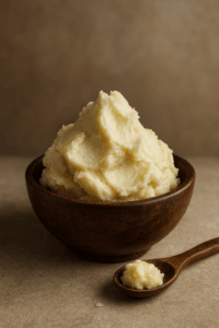 Pure shea butter in a glass jar surrounded by natural skincare elements, symbolizing hydration, healing, and the natural glow achieved through real shea butter.