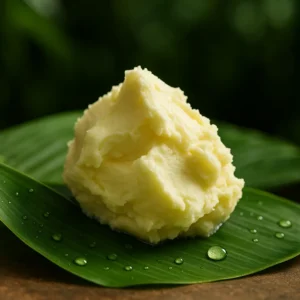 Unrefined shea butter in a glass jar with natural skincare elements on a wooden surface, symbolizing nourishment, hydration, and the foundation of healthy skin.