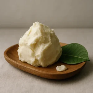 "Close-up of natural unrefined shea butter in a wooden bowl surrounded by skincare elements, symbolizing skin renewal, healing, and restoration through natural care.