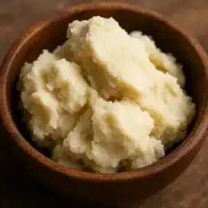 Close-up of unrefined Shea Butter in a wooden bowl — rich, creamy, and natural skincare ingredient.