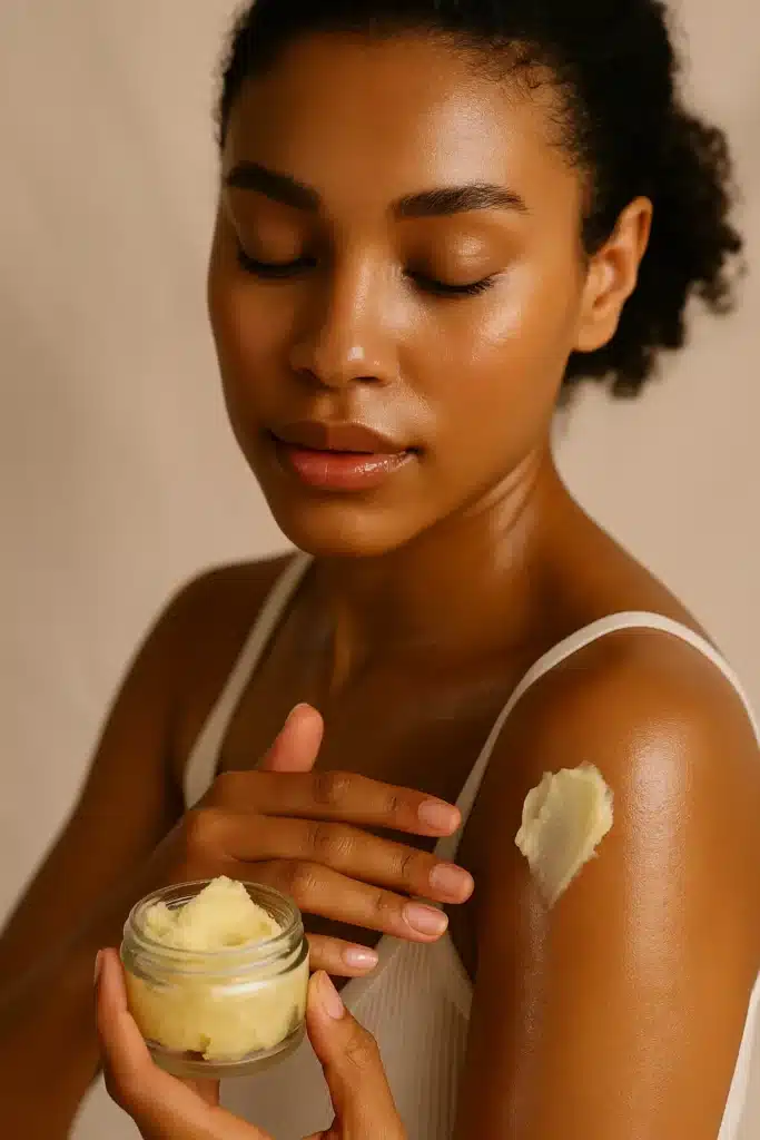 Woman applying Shea Butter on glowing skin — natural hydration and self-care ritual.
