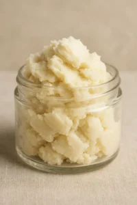 Jar of pure Shea Butter next to Shea nuts — natural moisturizer for skin and hair.