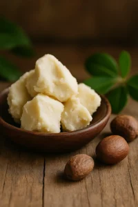 Jar of raw Shea Butter beside natural shea nuts — pure skincare ingredient for glowing skin.