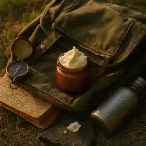 Jar of shea butter with natural skincare elements on a rustic surface, symbolizing the power of small daily habits in creating long-term beauty and skin health.