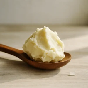 Natural shea butter in a glass jar placed on a wooden surface with fresh botanicals, symbolizing skincare as an investment in the future and the slow process of lasting beauty.