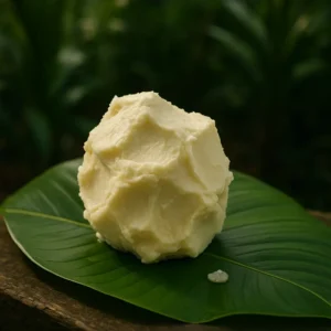 Glass jar of shea butter surrounded by natural ingredients on a wooden surface, symbolizing the power of consistency and daily skincare rituals for long-term beauty and balance.