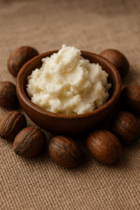Jar of pure Shea Butter on neutral background — natural moisturizer for glowing skin.