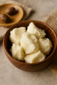 Jar of unrefined Shea Butter with shea nuts and leaves — natural skincare essential.